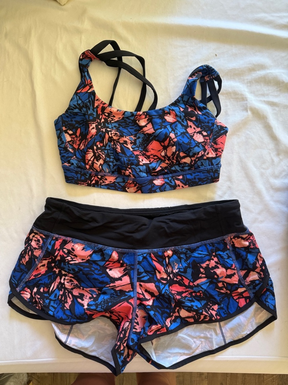 Lululemon Blue & Coral Athletic Set - Sports Bra and Shorts